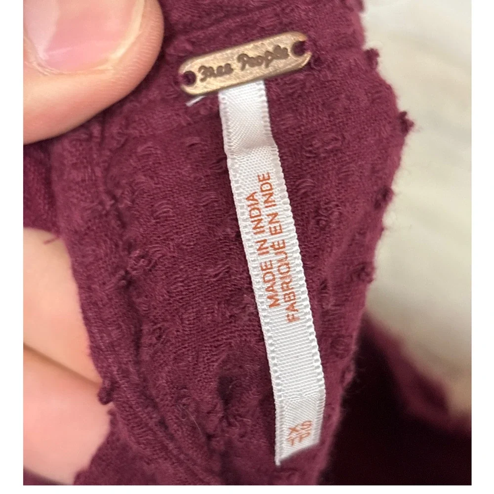 Free People Womens XS Burgundy Boho Long Sleeve Open Back Button Crop Top